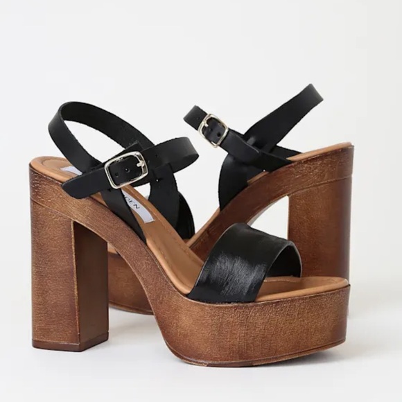 Steve Madden Shoes - Steve Madden Laurisa Black Leather Wooden Platform Strappy Heels sz 7 NWOB